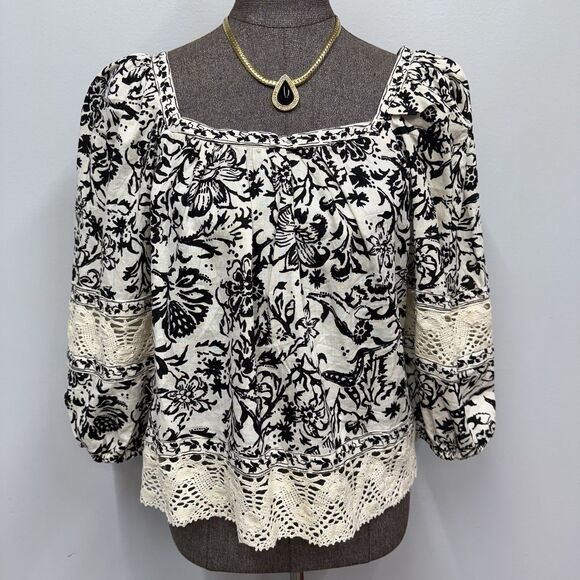 Christian Siriano Tops - Christian Siriano Boho Peasant Top Size XL Linen Blend Black Floral Crochet Lace